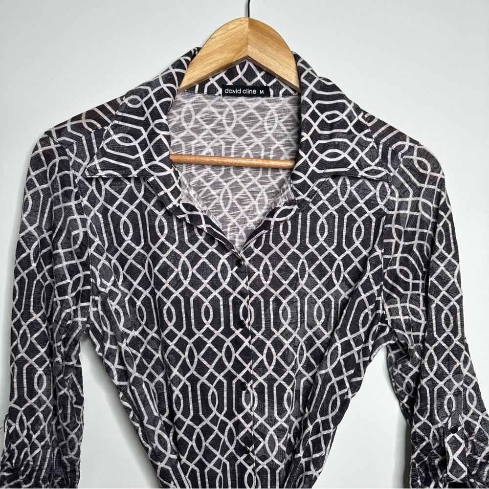 David Cline Geo Print Button Front Tie Belt Dress… - image 2